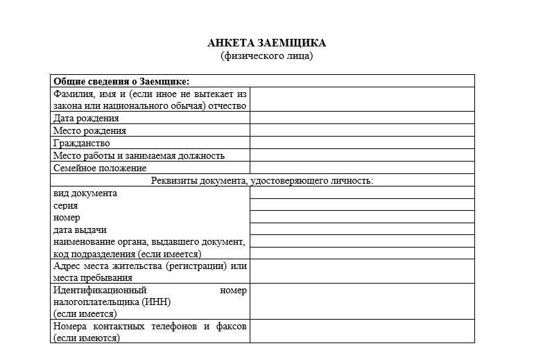 Анкета физического лица образец заполнения для банка